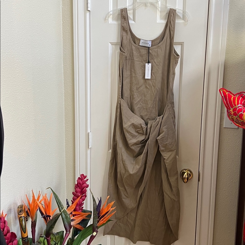NEW ANEMOS selene drop waist drape midi dress in taupe Medium - Picture 6 of 9